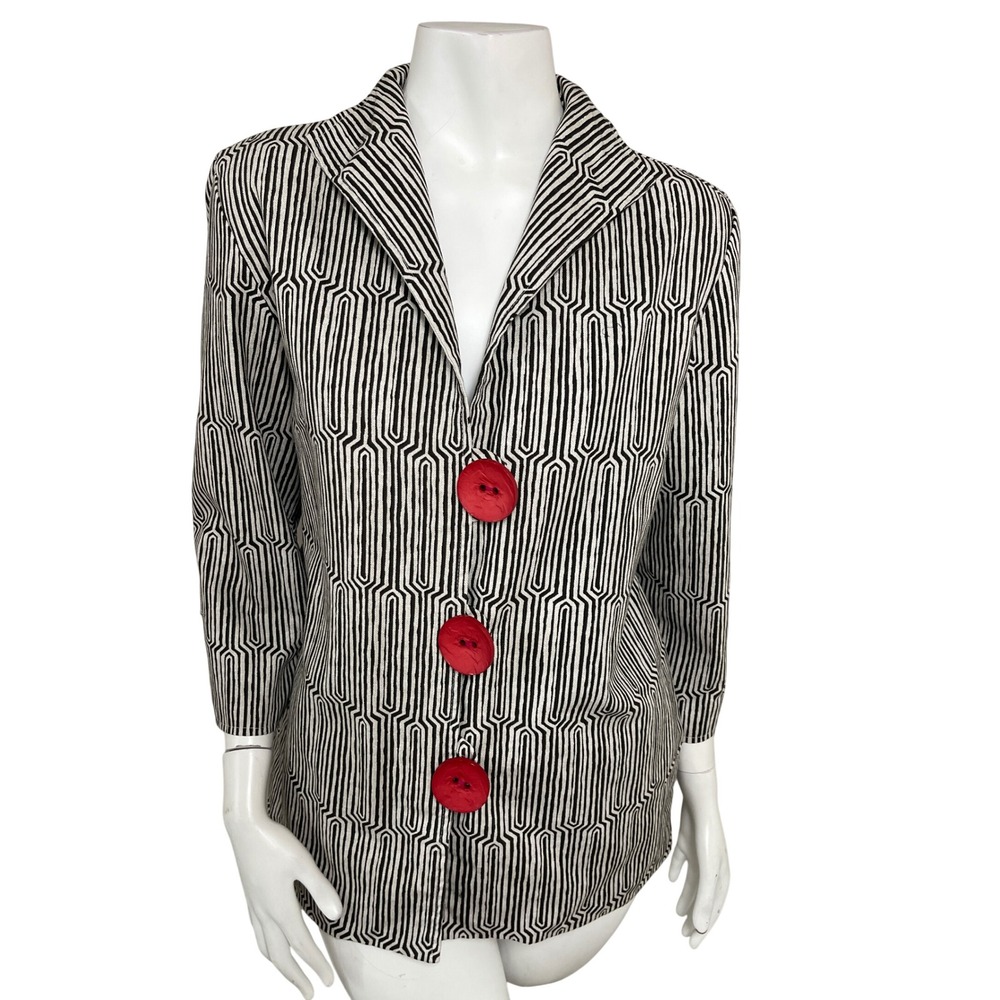 Painted Pony Blazer Medium Black White Geometric Red Buttons Art Wear